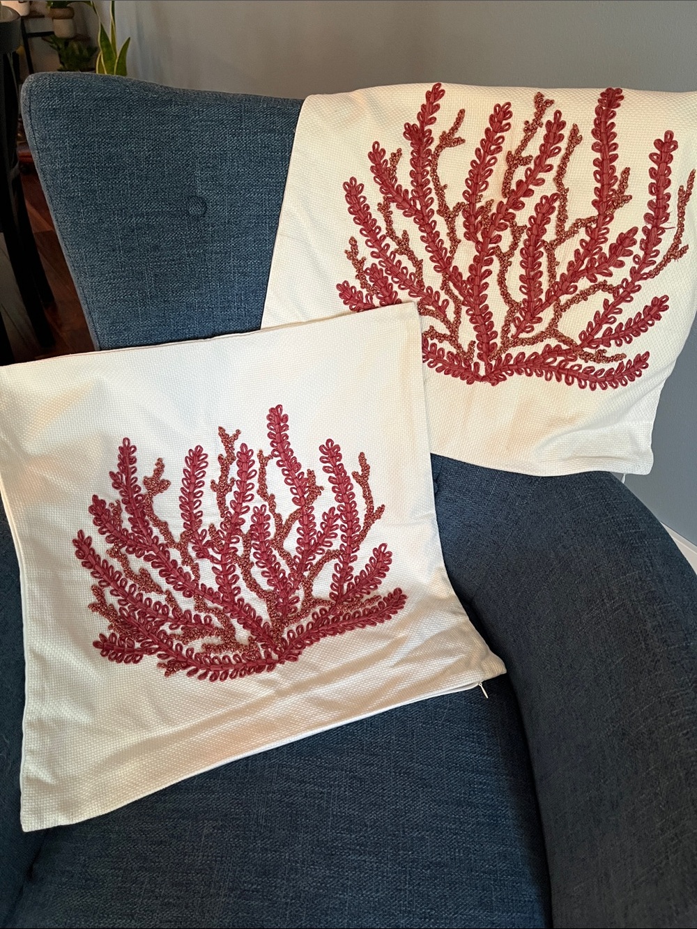 Pottery Barn 20" Euro Sham  Pillow Cover with Red Coral Embroidery set of 2